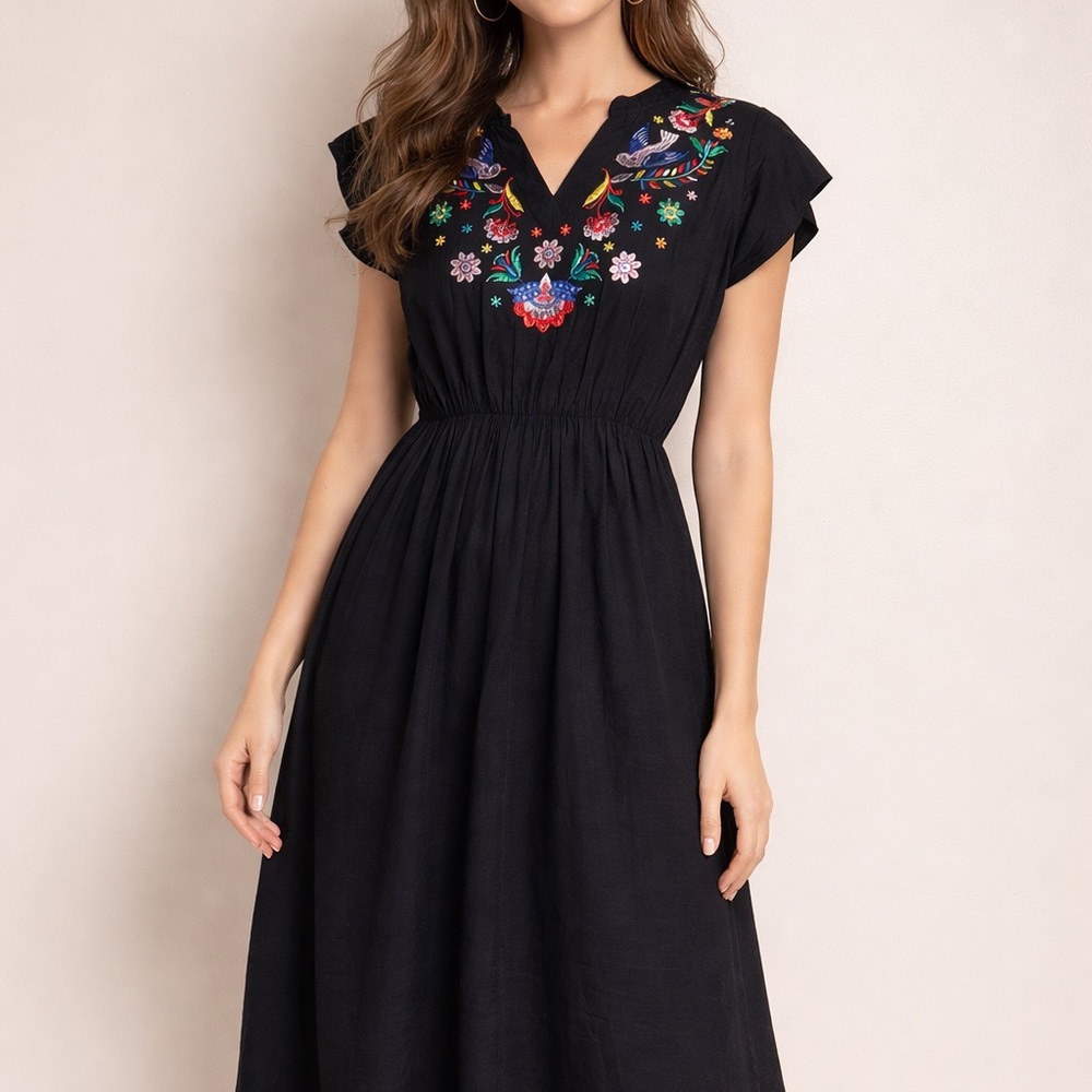 BloomChic Black Midi Dress with Colorful Floral Embroidery
